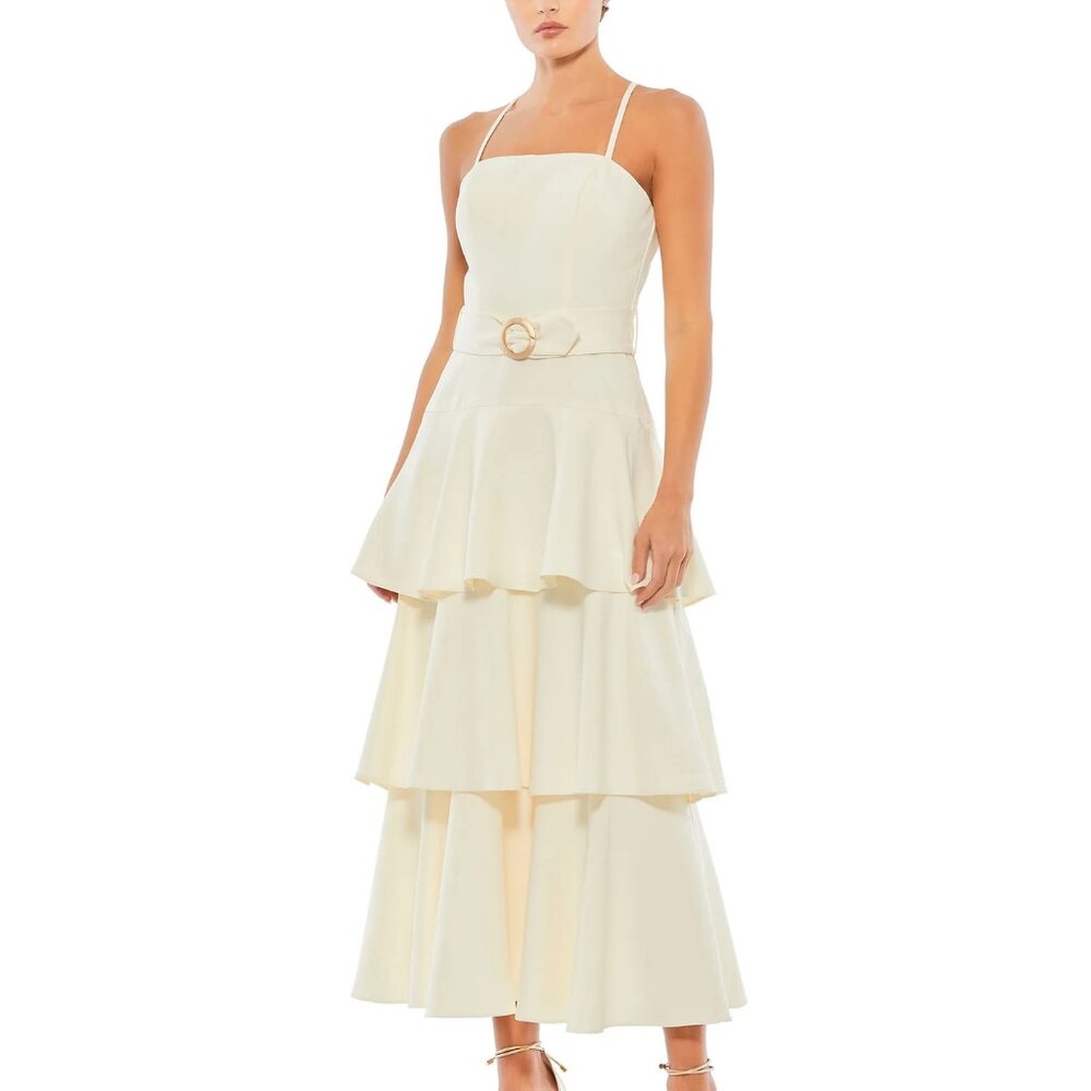 NWOT Ieena for Mac Duggal - Belted Tiered Ruffle Sleeveless Midi Dress - 26629